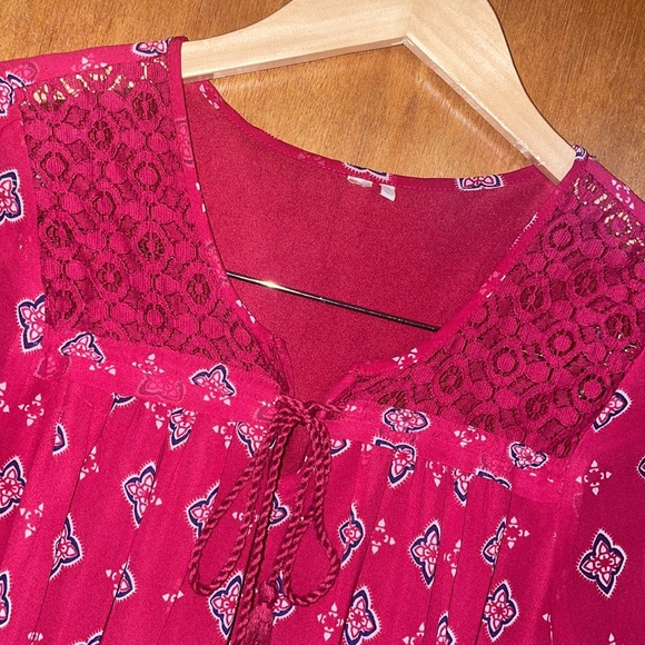 •RED CAMEL•RED LATTICE & KEYHOLE CHEST RIFFLE SLEEVE BOHO DRESS SIZE SMALL - Picture 9 of 10